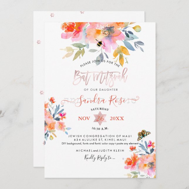 PixDezines Garden Ro Watercolor Bat mitzvah Inbjudningar (Fram/baksida)