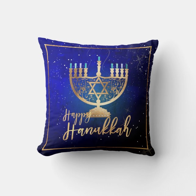 PixDezines Glad Hanukkah|Tempel Menorah Kudde (Framsida)