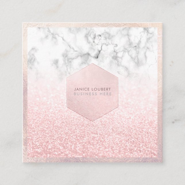 PixDezines Glam Faux Glitter, Rosa Erröda+Marble Fyrkantigt Visitkort (Framsida)