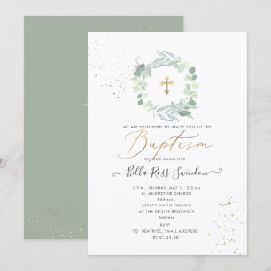 PixDezines Greenery Watercolor Eucalyptus Baptism Inbjudningar