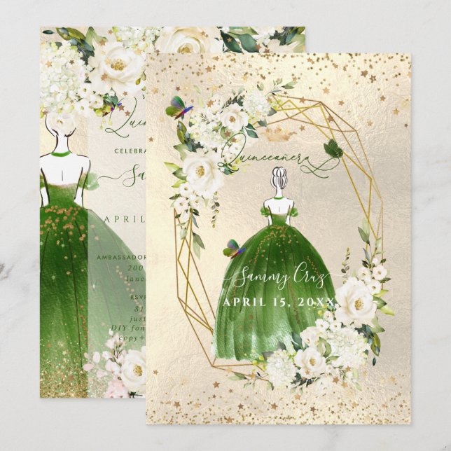 PixDezines Grönt Quinceanera H2 Alabaster Ro  Inbjudningar (Fram/baksida)