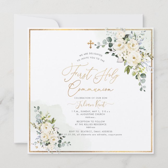 PixDezines H2 Alabaster Ro First Heliga Communion Inbjudningar (Framsida)