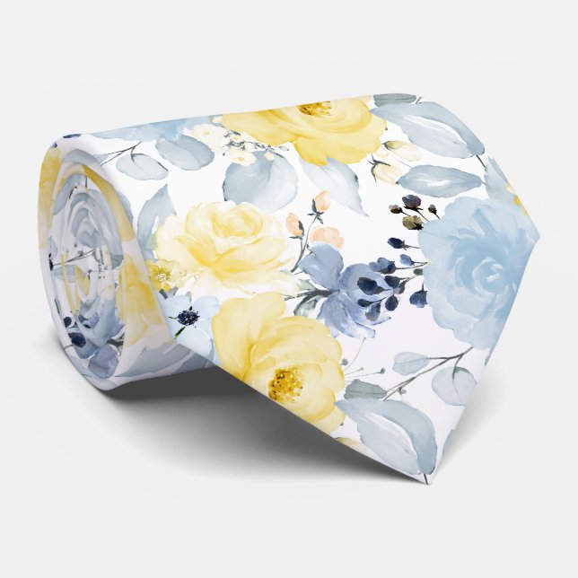 PixDezines H2 Blommor Gul och Dammig Blå  Slips (Rullad)