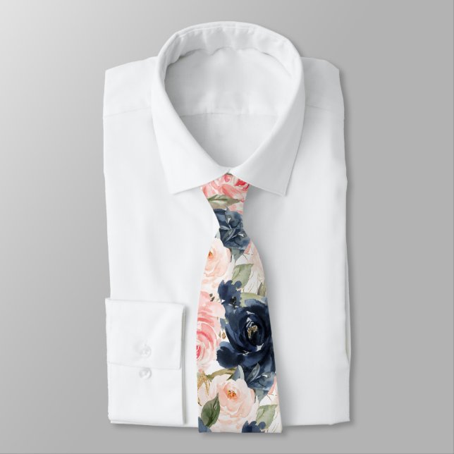 PixDezines H2 Blommor Marinblå Rosa Rosor   Slips (Bunden)
