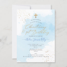 PixDezines H2 Blue Christening+1st Birthday Inbjudningar