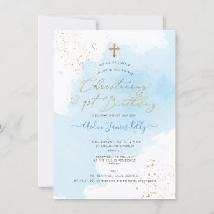 PixDezines H2 Blue Christening+1st Birthday Inbjudningar