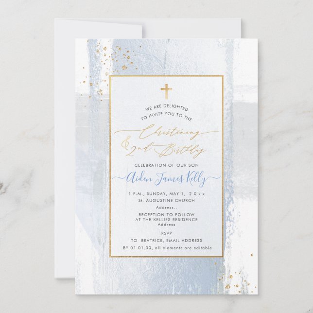 PixDezines H2 Blue Christening+2 Birthday Invita Inbjudningar (Framsida)