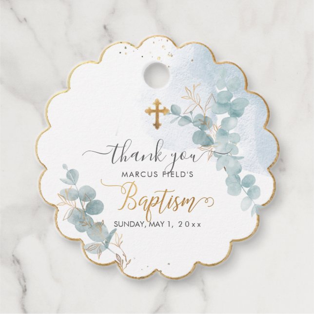 PixDezines H2 Blue Gum Eucalyptus Baptism Gåvor Etiketter (Framsida)
