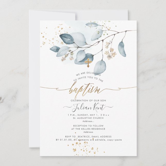 PixDezines H2 Blue Gum Eucalyptus Baptism Inbjudningar (Framsida)