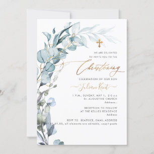 PixDezines H2 Blue Gum Eucalyptus Christening Inbjudningar