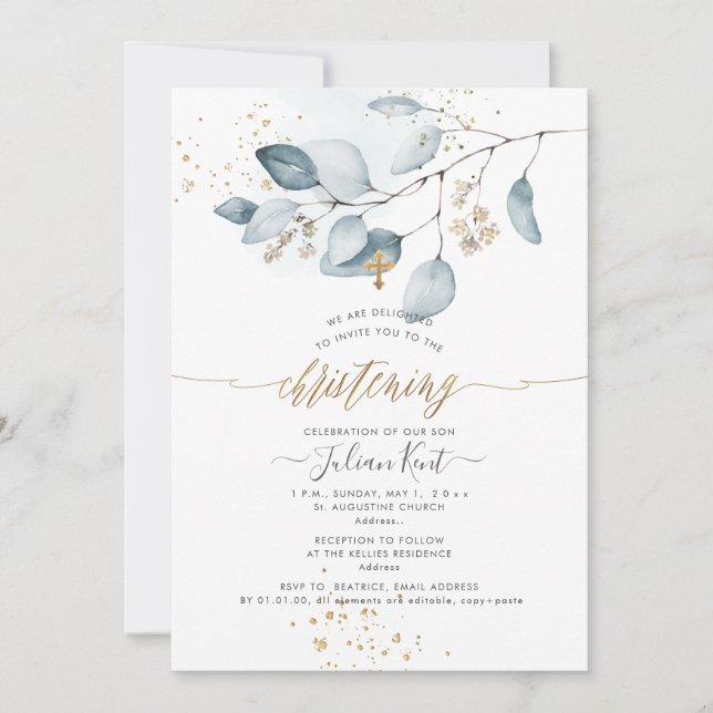 PixDezines H2 Blue Gum Eucalyptus Christening Inbjudningar (Framsida)