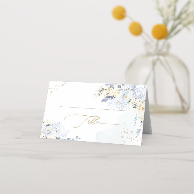 PixDezines H2 Blue Hydrangeas Alabaster Roses Placeringskort (Framsida)