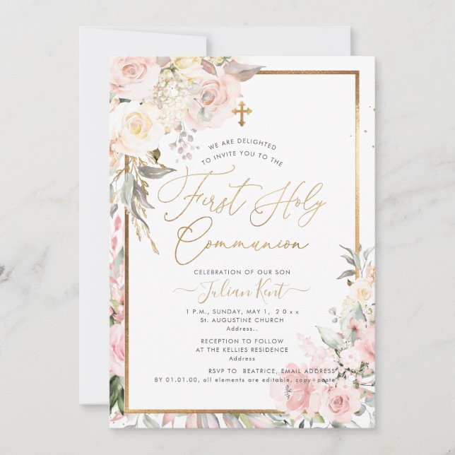 PixDezines H2 Blush Rosor Första Nattvarden Inbjudningar (Framsida)