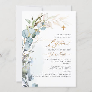 PixDezines H2 Dusty Blue Gum Foliage Baptism Inbjudningar