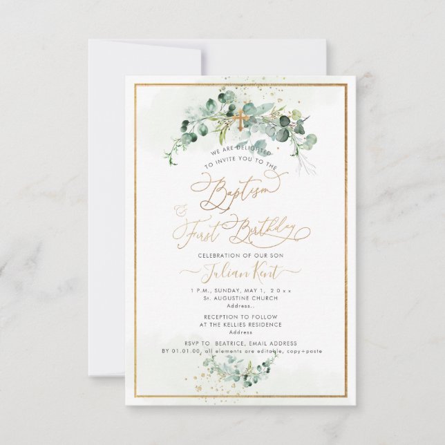 PixDezines H2 Eucalyptus Baptism första födelsedag Inbjudningar (Framsida)