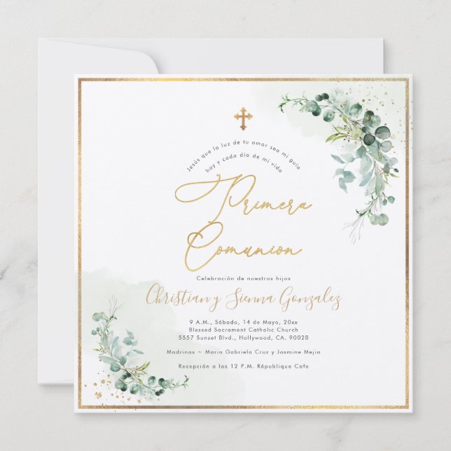 PixDezines H2 Eucalyptus Primera Comunion Inbjudningar (Framsida)