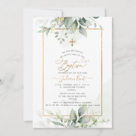 PixDezines H2 Green Gold Eucalyptus Baptism Inbjudningar