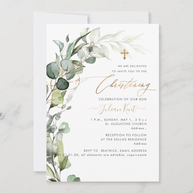 PixDezines H2 Greenery Gum Foliage Christening Inv Inbjudningar (Framsida)