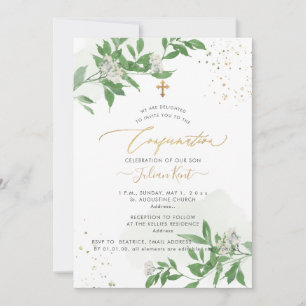 PixDezines H2 Grönska Vita Blommor Konfirmation Inbjudningar