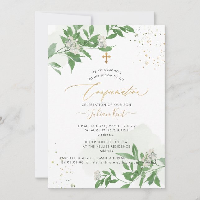 PixDezines H2 Grönska Vita Blommor Konfirmation Inbjudningar (Framsida)