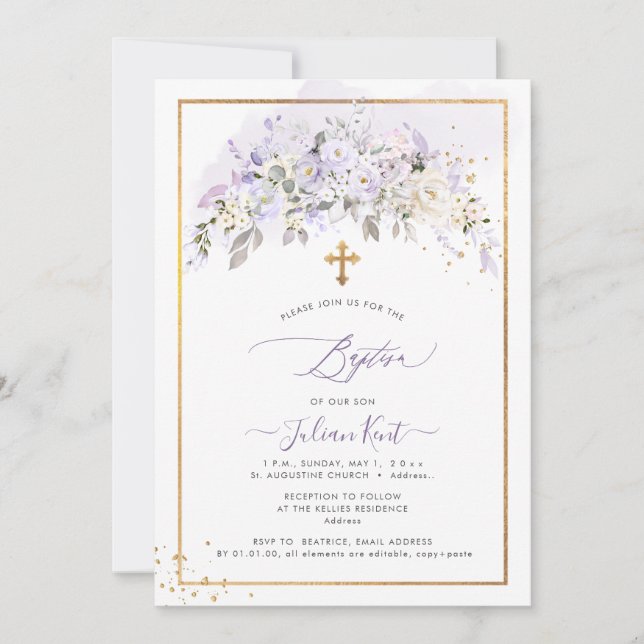 PixDezines H2 Lilac Lila blommor Baptism Inbjudningar (Framsida)