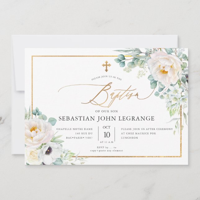 PixDezines H2 Peonies Eucalyptus Baptism Inbjudningar (Framsida)