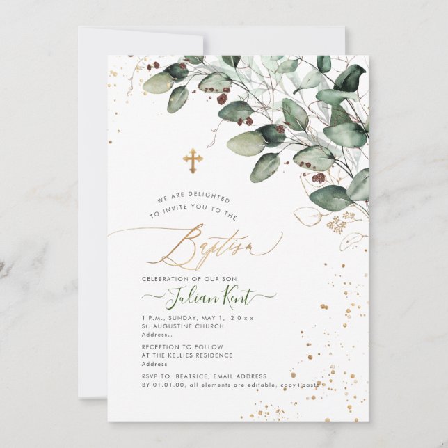 PixDezines H2 Rustic Gum Eucalyptus Baptism Inbjudningar (Framsida)