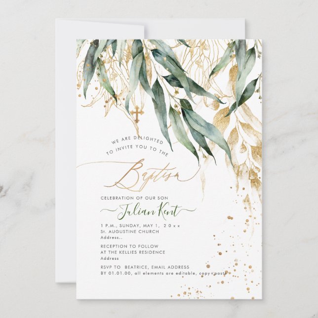 PixDezines H2 Rustic Willow Gum Eucalyptus Baptism Inbjudningar (Framsida)