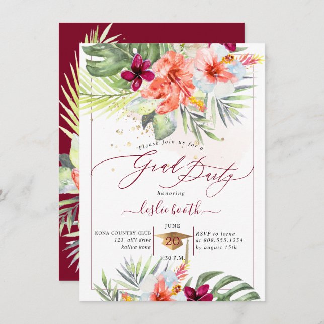 PixDezines H2 Tropical Paradise Luau Studenten in Inbjudningar (Fram/baksida)