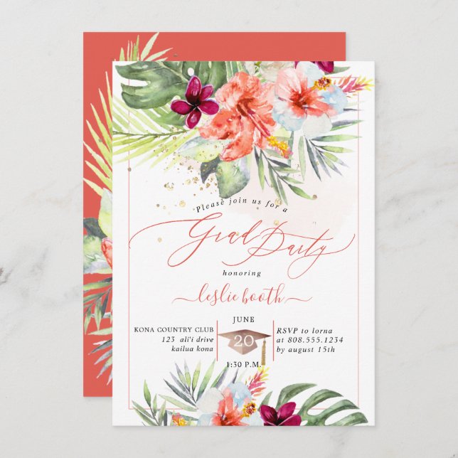 PixDezines H2 Tropical Paradise Luau Studenten Inbjudningar (Fram/baksida)