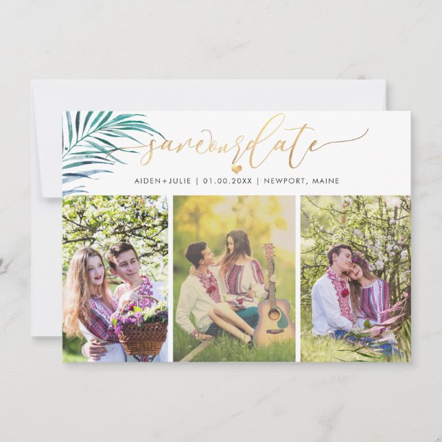 PixDezines Handflatan Fronds Faux Guld Modern skri Spara Datumet (Framsida)