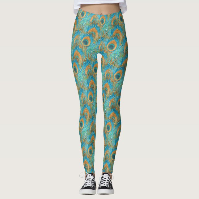 PixDezines Handritad H2 Påfågel/Kobolt/Aquablå Leggings (Framsida)