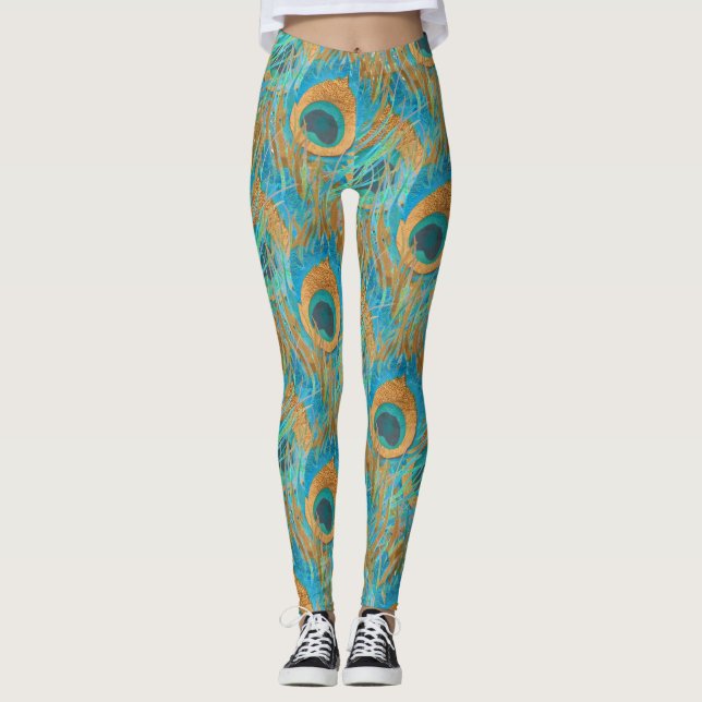 PixDezines Handritad H2 Påfågel/Kobolt/Aquablå Leggings (Framsida)