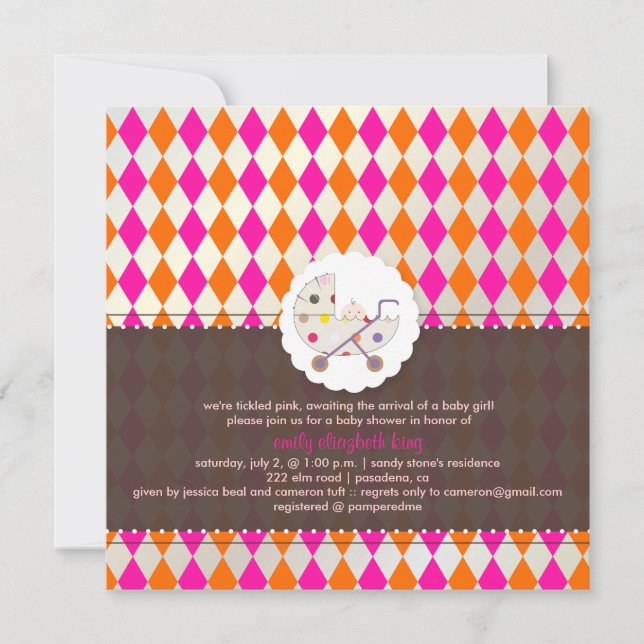 PixDezines harlekin/rosa+orange/baby shower/gör de Inbjudningar (Framsida)