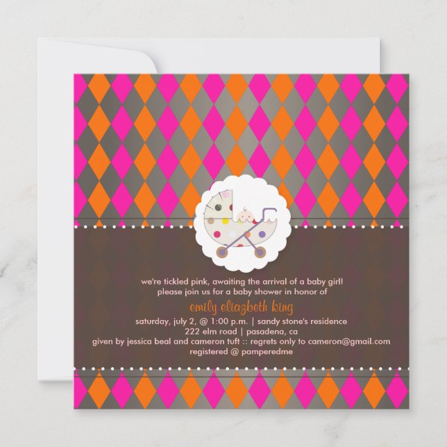 PixDezines harlequin/rosa+orange/babydusch/DIY Inbjudningar (Framsida)