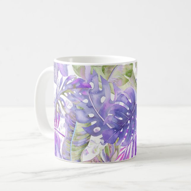 PixDezines Hawaiian Jungle Lila Grönt Foliage Kaffemugg (Framsida vänster)