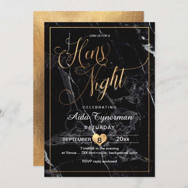 PixDezines Hens Night Faux Guld-skript+Marble Inbjudningar (Fram/baksida)