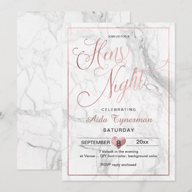 PixDezines Hens Night Faux Ro Guld skript+Marble Inbjudningar (Fram/baksida)