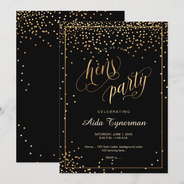 PixDezines Hens Party Faux Guld Confetti Inbjudningar (Fram/baksida)