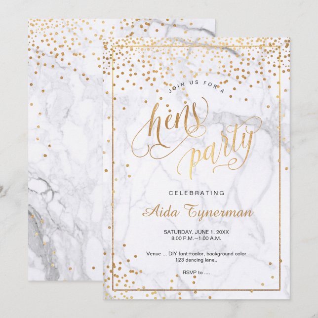 PixDezines Hens Party Marble Faux Guld Confetti Inbjudningar (Fram/baksida)
