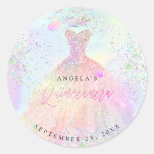 PixDezines Holografik Quinceanera Gown Glitter Runt Klistermärke