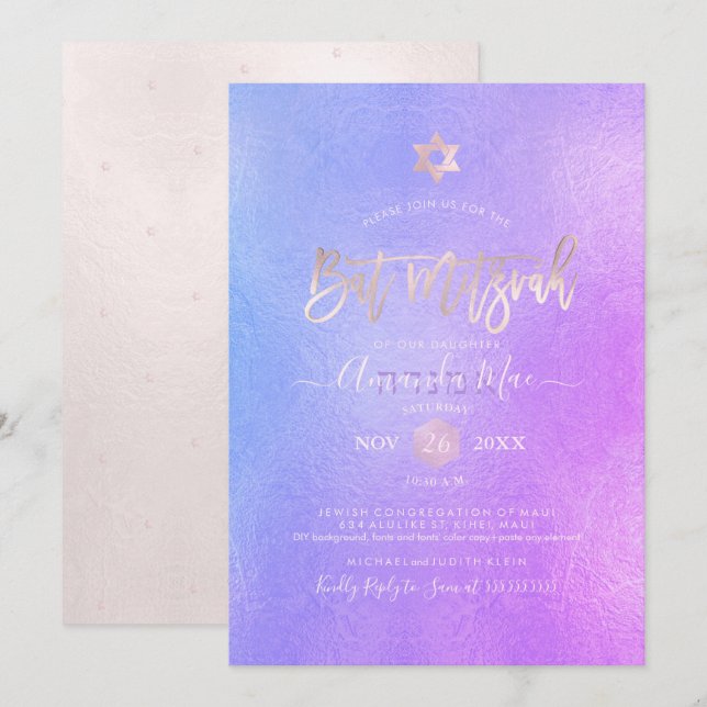PixDezines Iridescent Lila Ombre Bat mitzvah Inbjudningar (Fram/baksida)