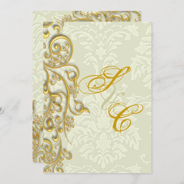 PixDezines IVORY DAMASK FAUX GULD FILIGRET Inbjudningar (Fram/baksida)