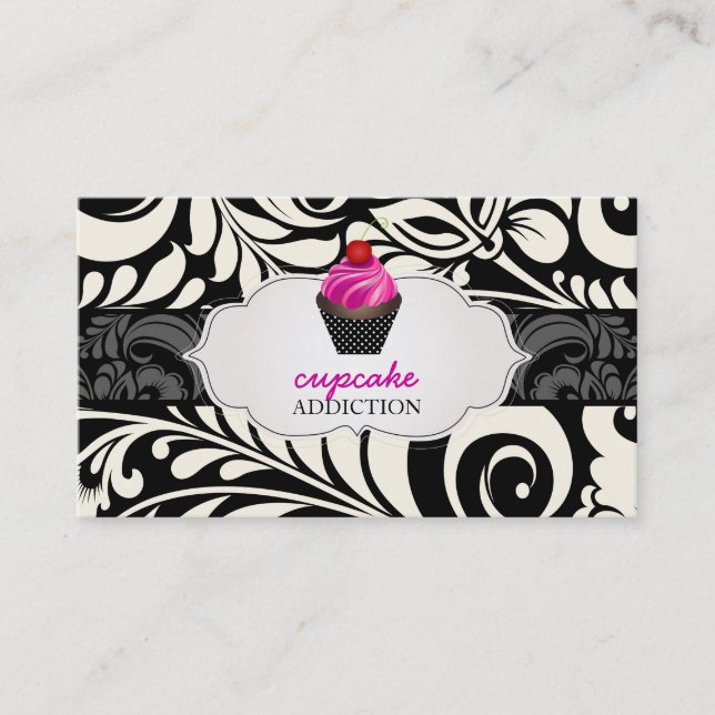 PixDezines jordgubbsvirvlar cupcake+damask Visitkort (Framsida)