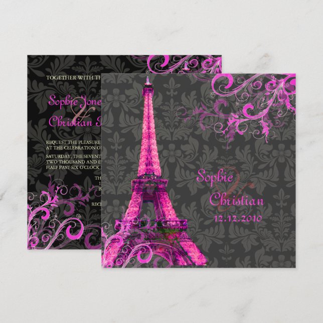 PixDezines LA TOUR EIFFEL/ROSA/GÖR SJÄLV FÄRG Inbjudningar (Fram/baksida)