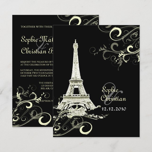 PixDezines La Tour Eiffel+Swirls Inbjudningar (Fram/baksida)