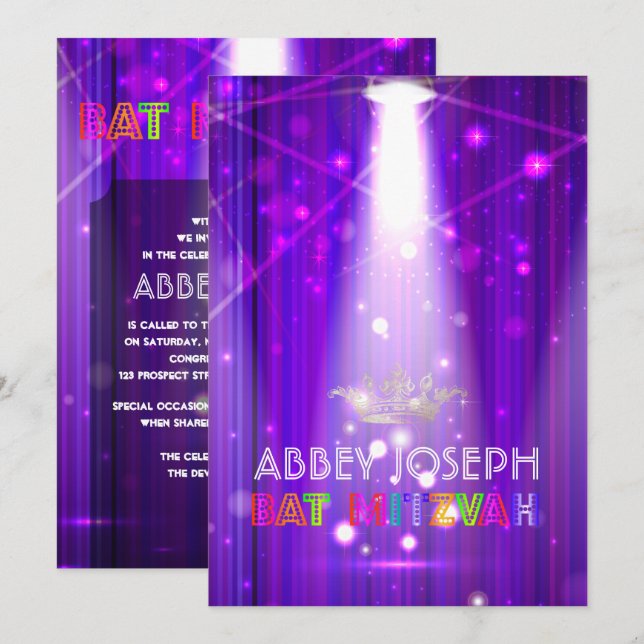 PixDezines Laser/Neon Ljus Bat mitzvah Inbjudningar (Fram/baksida)