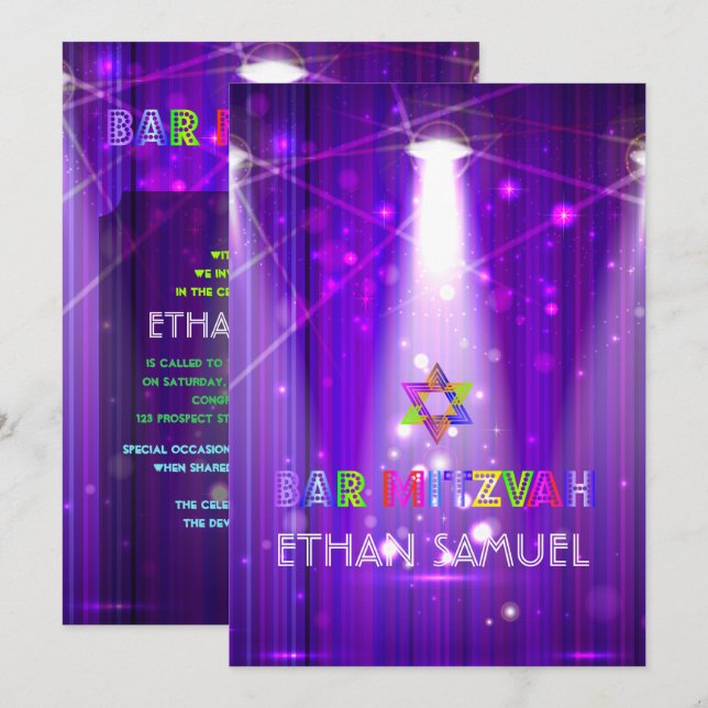 PixDezines laser /neon ljus pub mitzvah Inbjudningar (Fram/baksida)