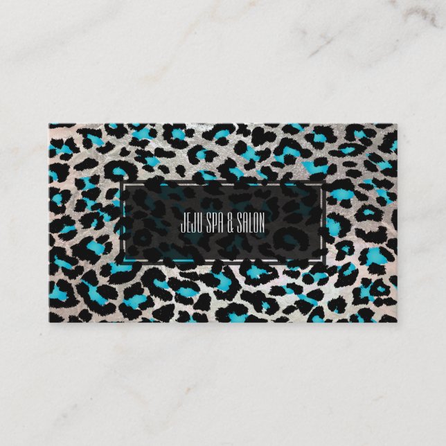 PixDezines leopard/elektrisk teal/faux silver Visitkort (Framsida)
