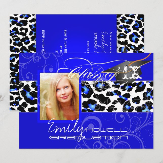 PixDezines Leopard Print Studenten, Electric Blue Inbjudningar (Fram/baksida)